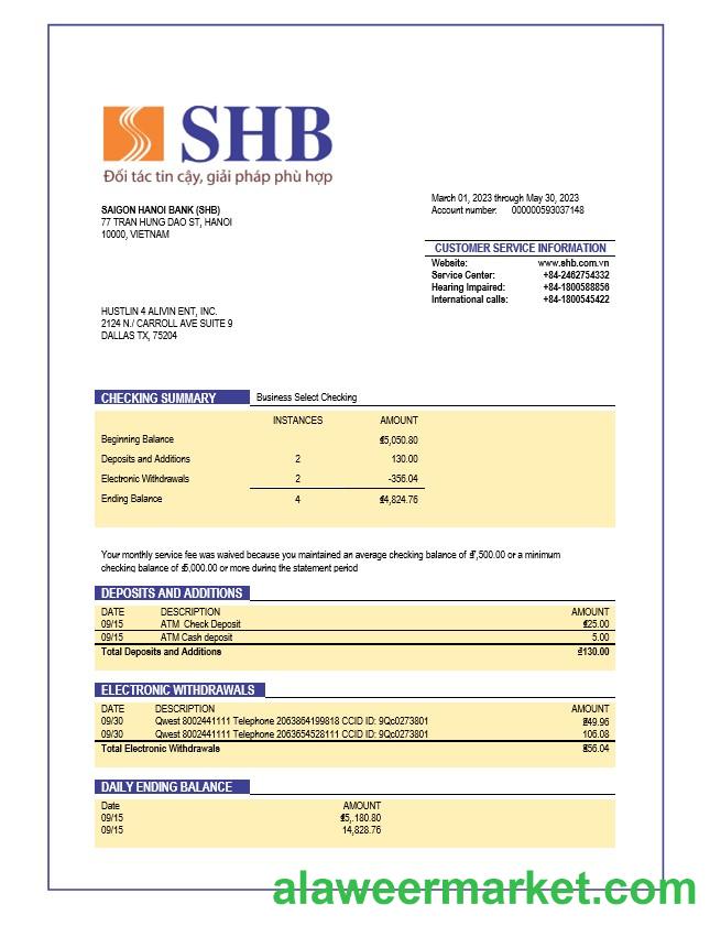 Saigon Hanoi Bank (SHB) organization account statement Word and PDF template